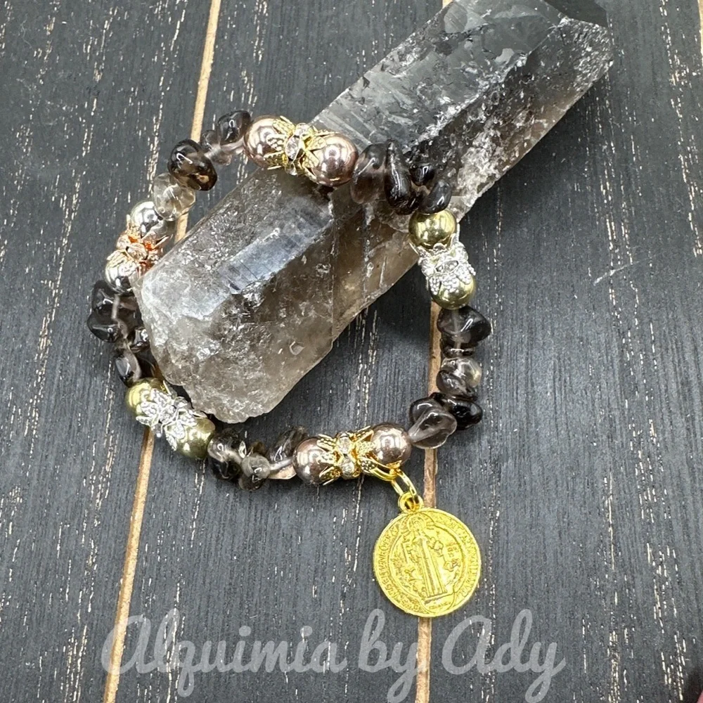 Saint Benedict Gold and Smokey Quartz Beaded Bracelet